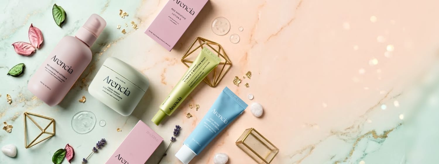 Beauty Bae skincare products arranged on a marble surface
