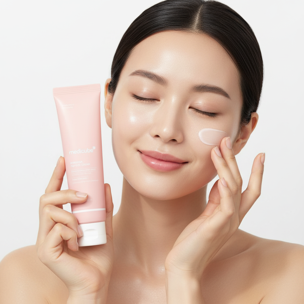 Model applying Medicube Pink Cream