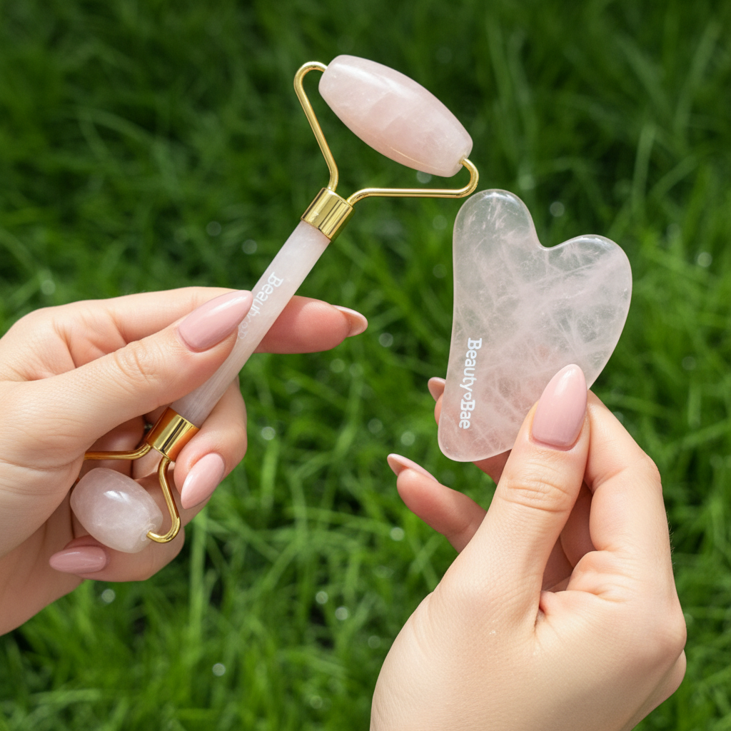 Model using skincare tools