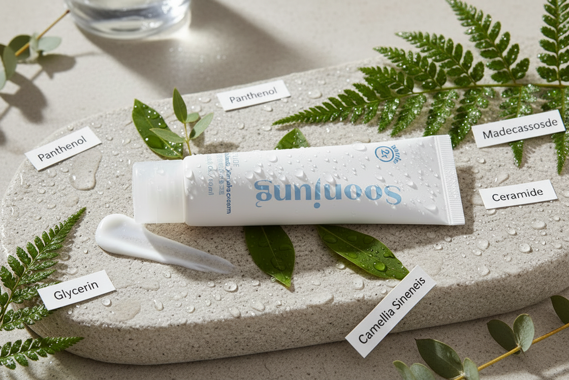 Product with ingredients in natural setting